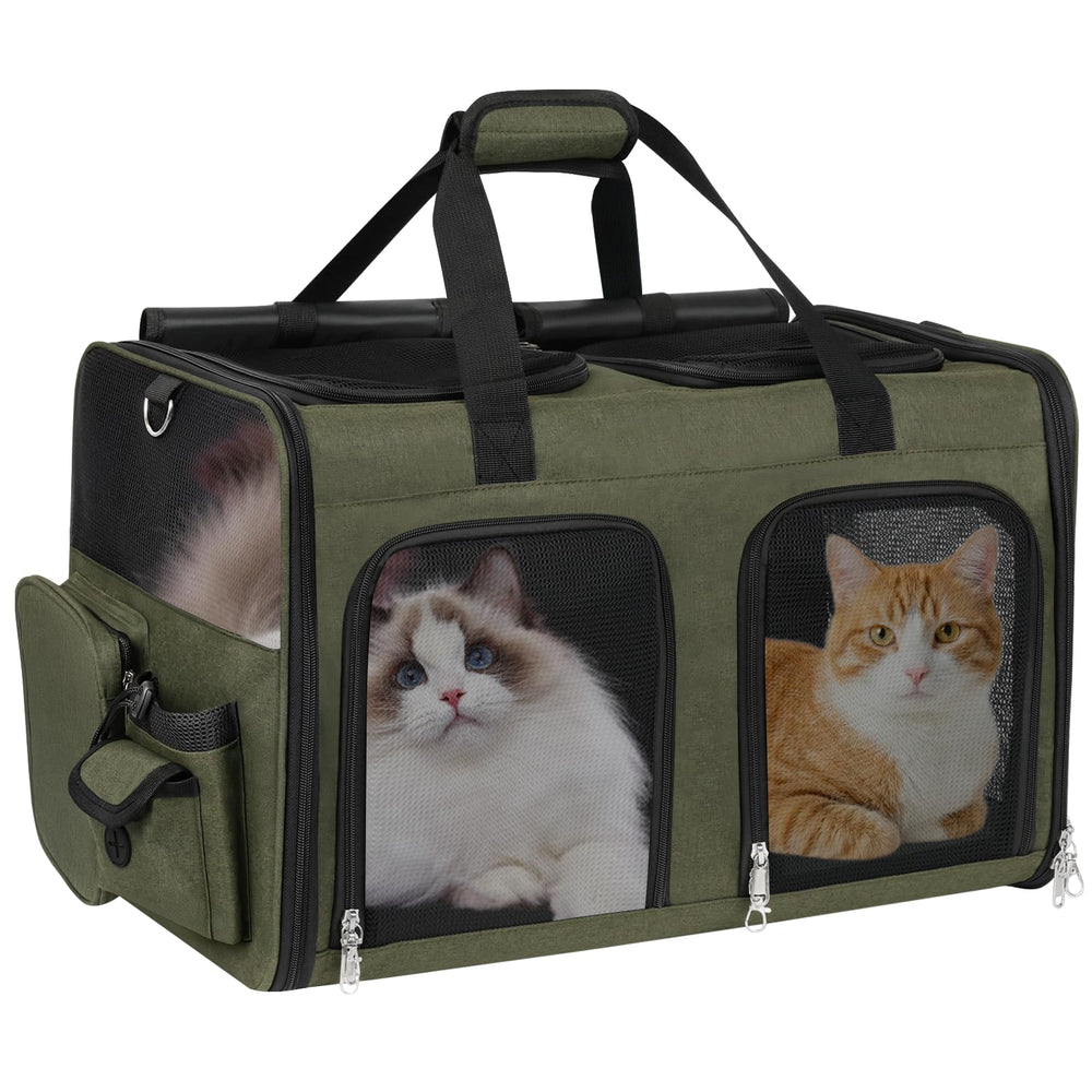 TOYSBOOM vue de face du porte‑chat double vert montrant le design et la fermeture