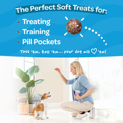 TREAT-A-BALLS boule cassée en deux illustrant la taille idéale pour récompenses rapides