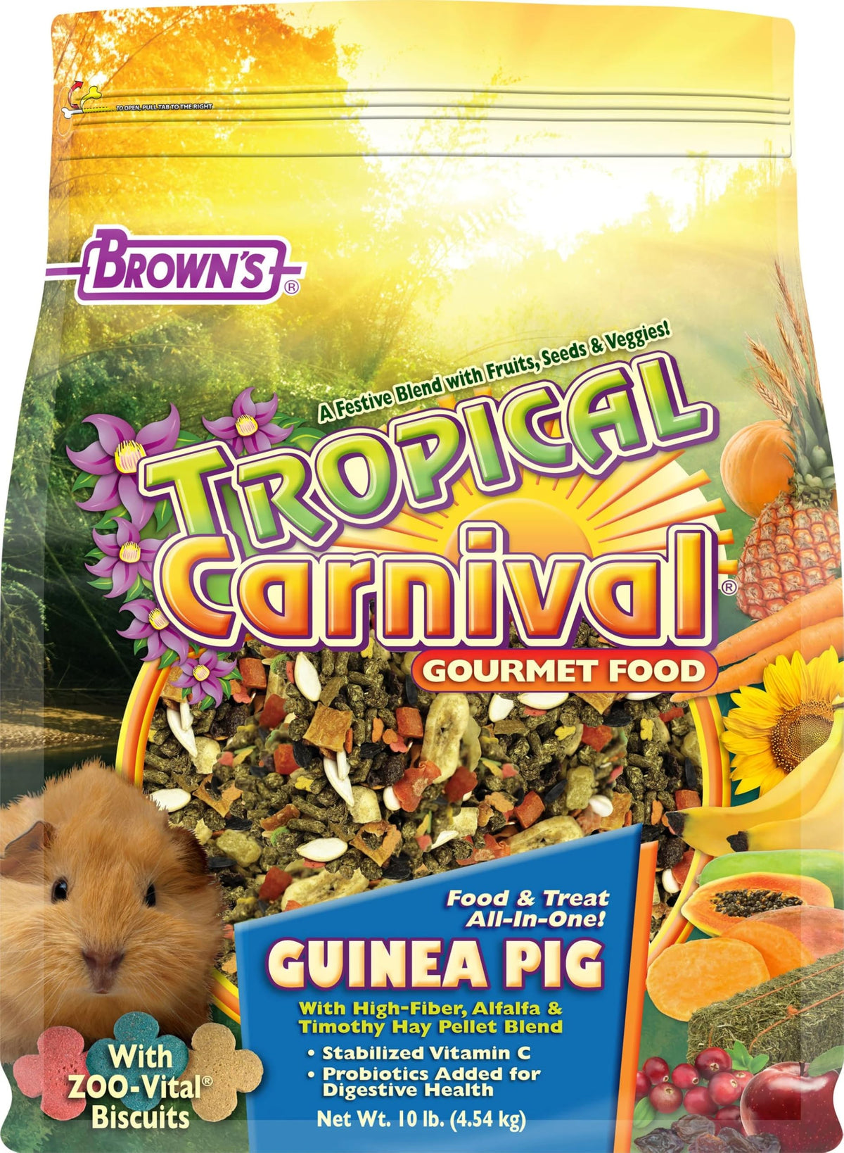 Tropical Carnival emballage avant montrant le sac 10 lb et avantages nutritifs
