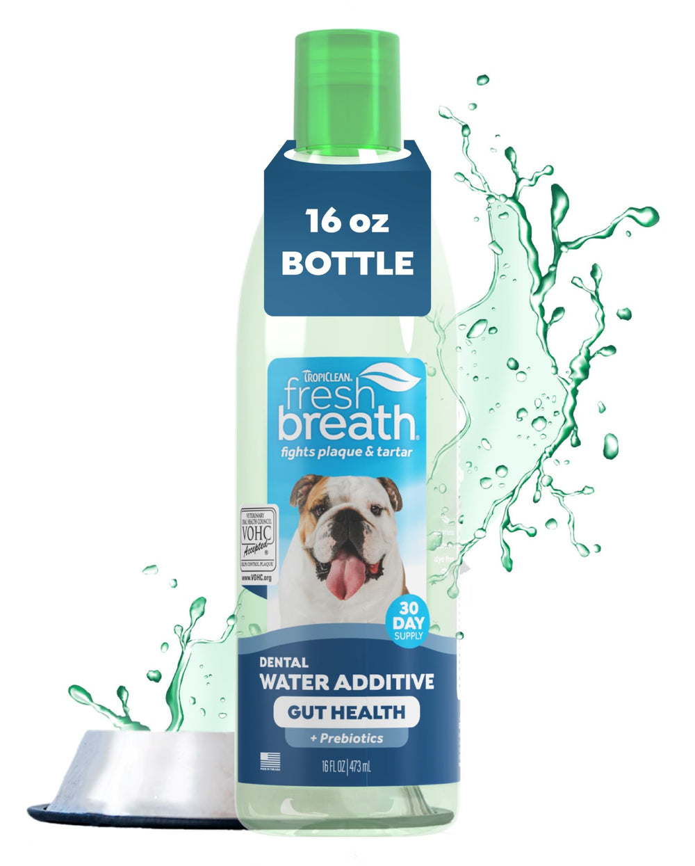 TropiClean bouteille face montrant l'emballage et les bénéfices pour l'haleine