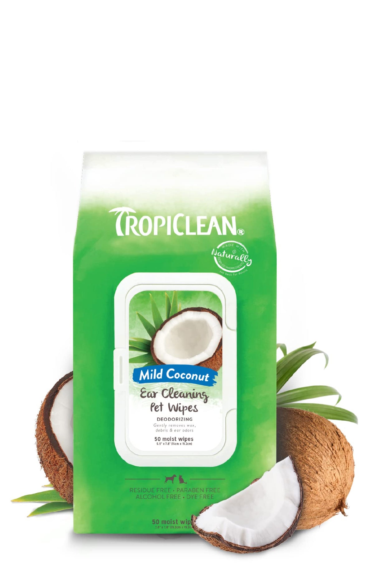 TropiClean emballage avant montrant 50 lingettes, pratique pour nettoyage rapide