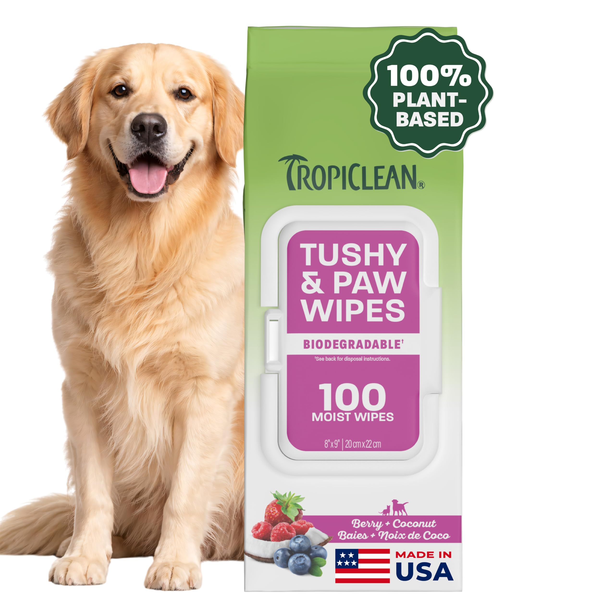 TropiClean emballage avant montrant 100 lingettes et ouverture pratique