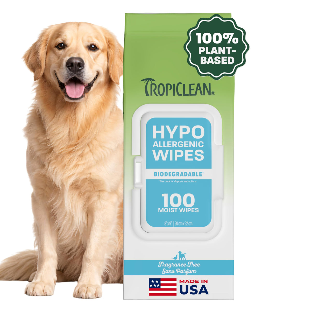 TropiClean emballage avant montrant 100 lingettes, pratique pour voyages