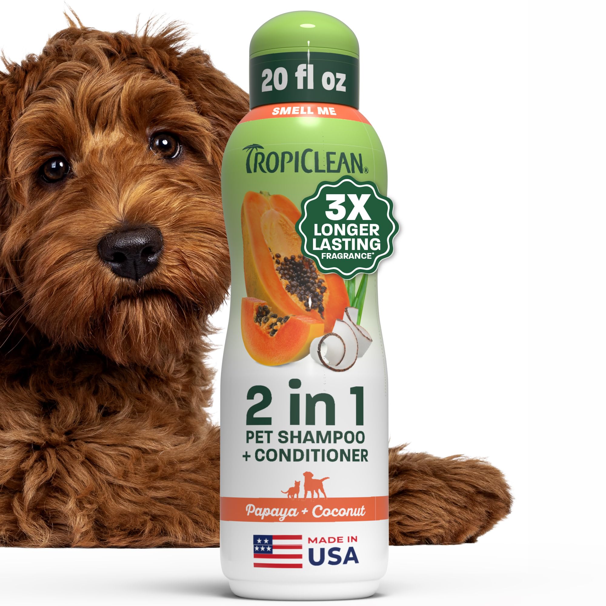 TropiClean emballage face montrant flacon 2‑en‑1 et bénéfice gain de temps
