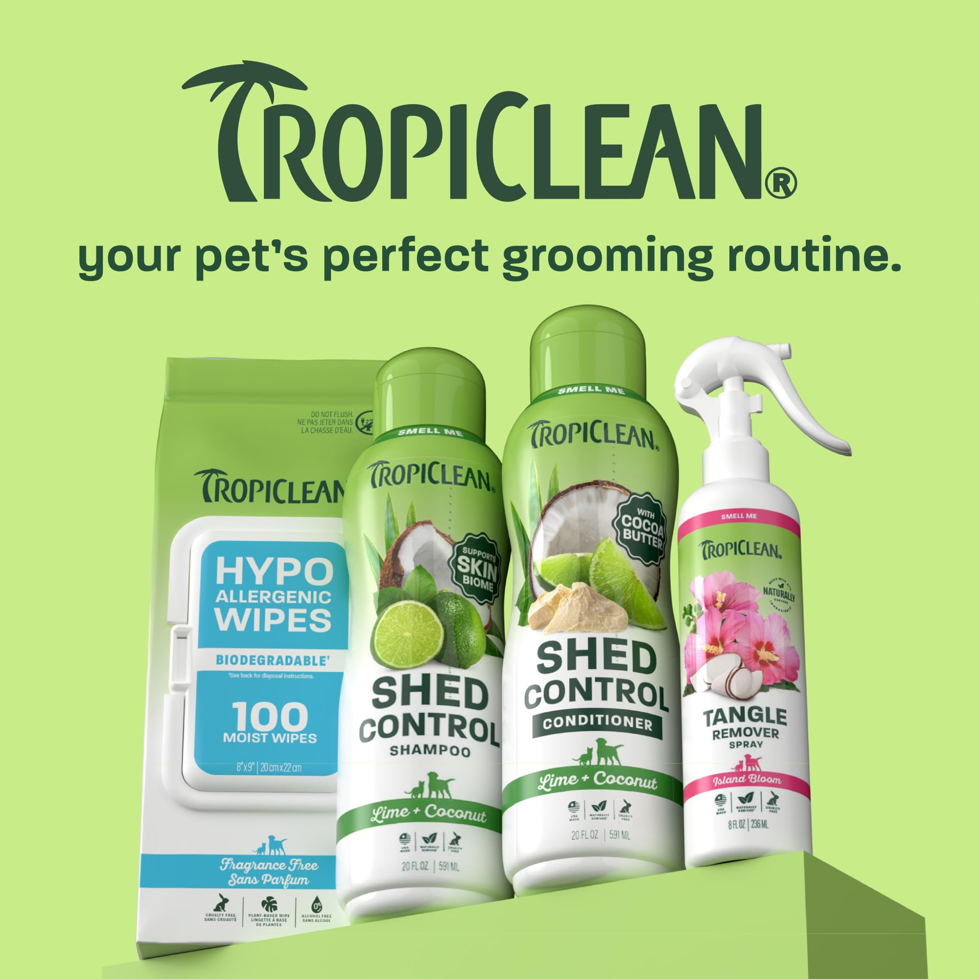 TropiClean flacon posé sur une table montrant l'emballage complet