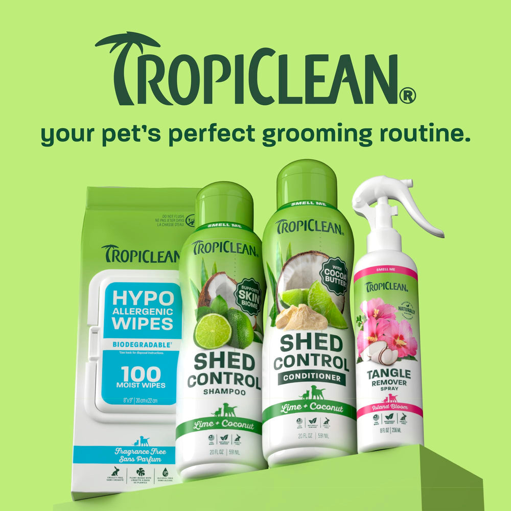 TropiClean flacon posé sur une table montrant l'emballage complet
