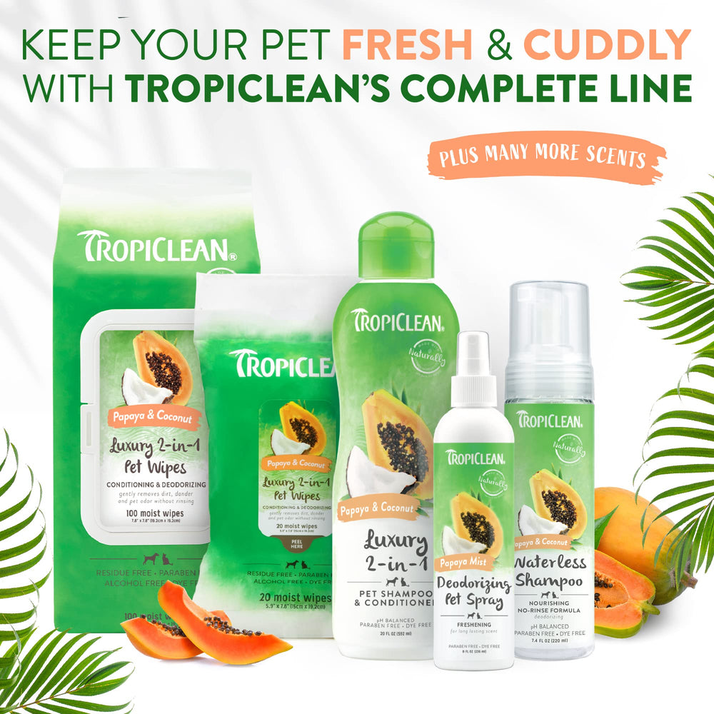 Étiquette TropiClean avec ingrédients naturels lisibles et formulation apaisante