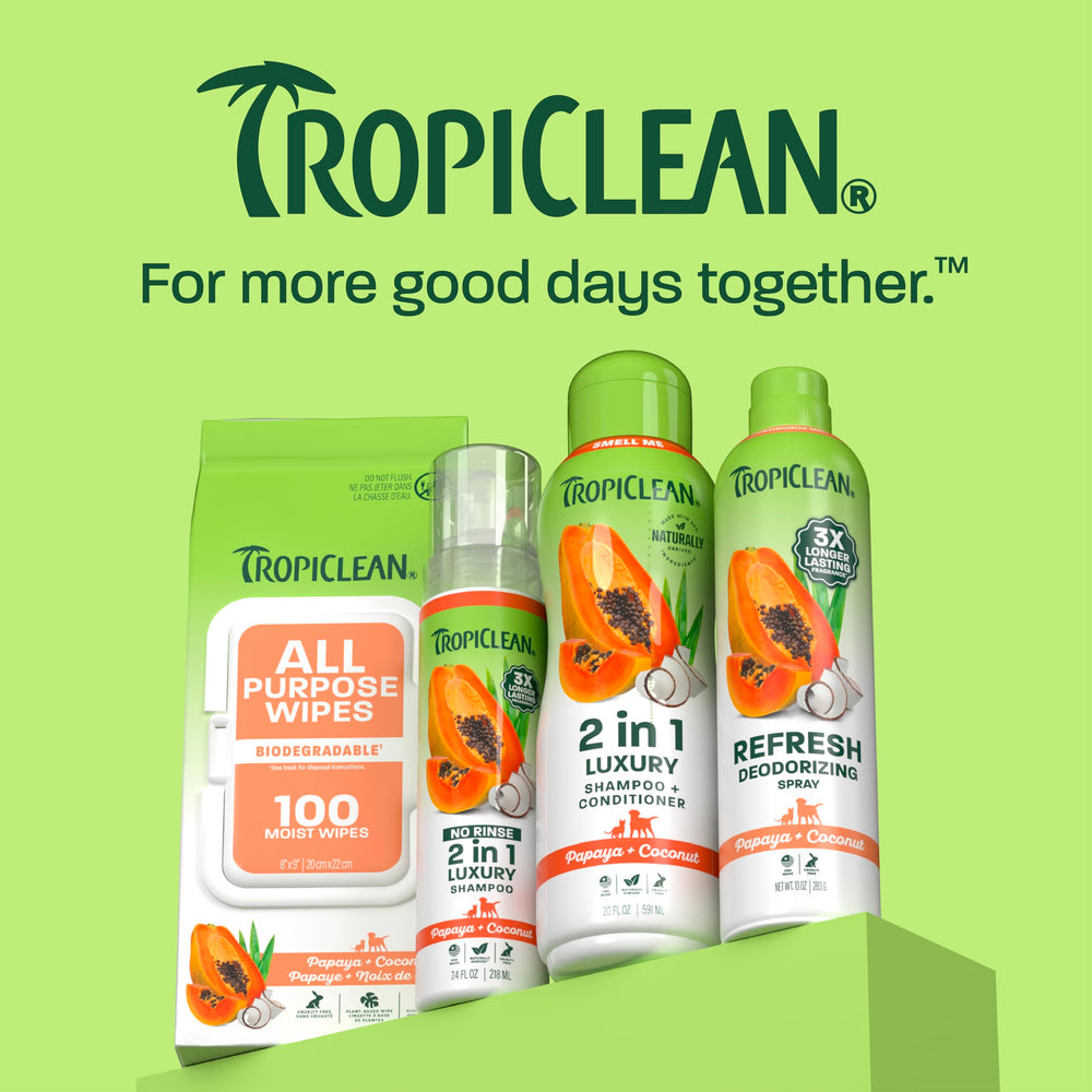 TropiClean étiquette détail lisible pour informations ingrédients et mode d’emploi