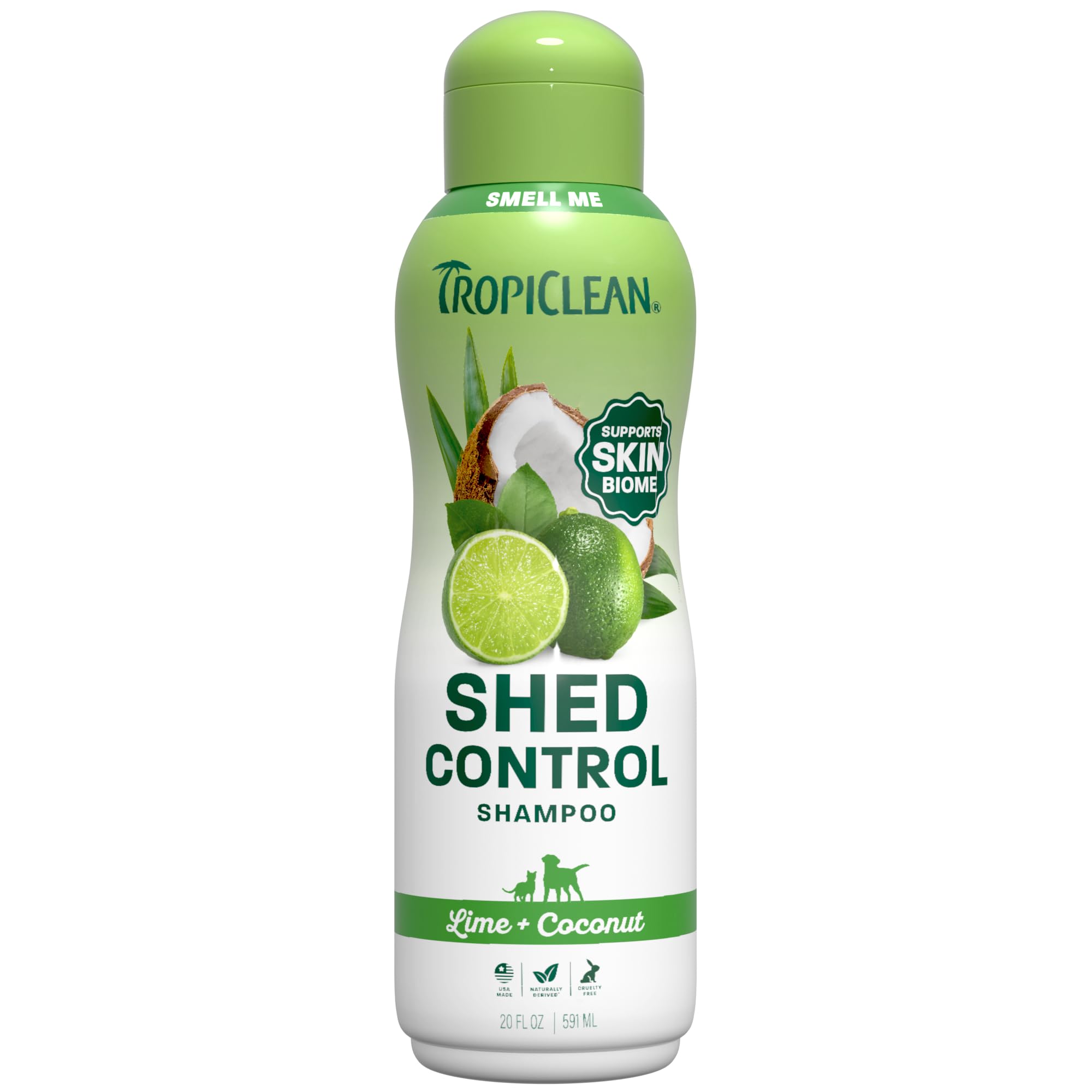 TropiClean flacon avant lime & coconut montrant taille et bénéfice nettoyage