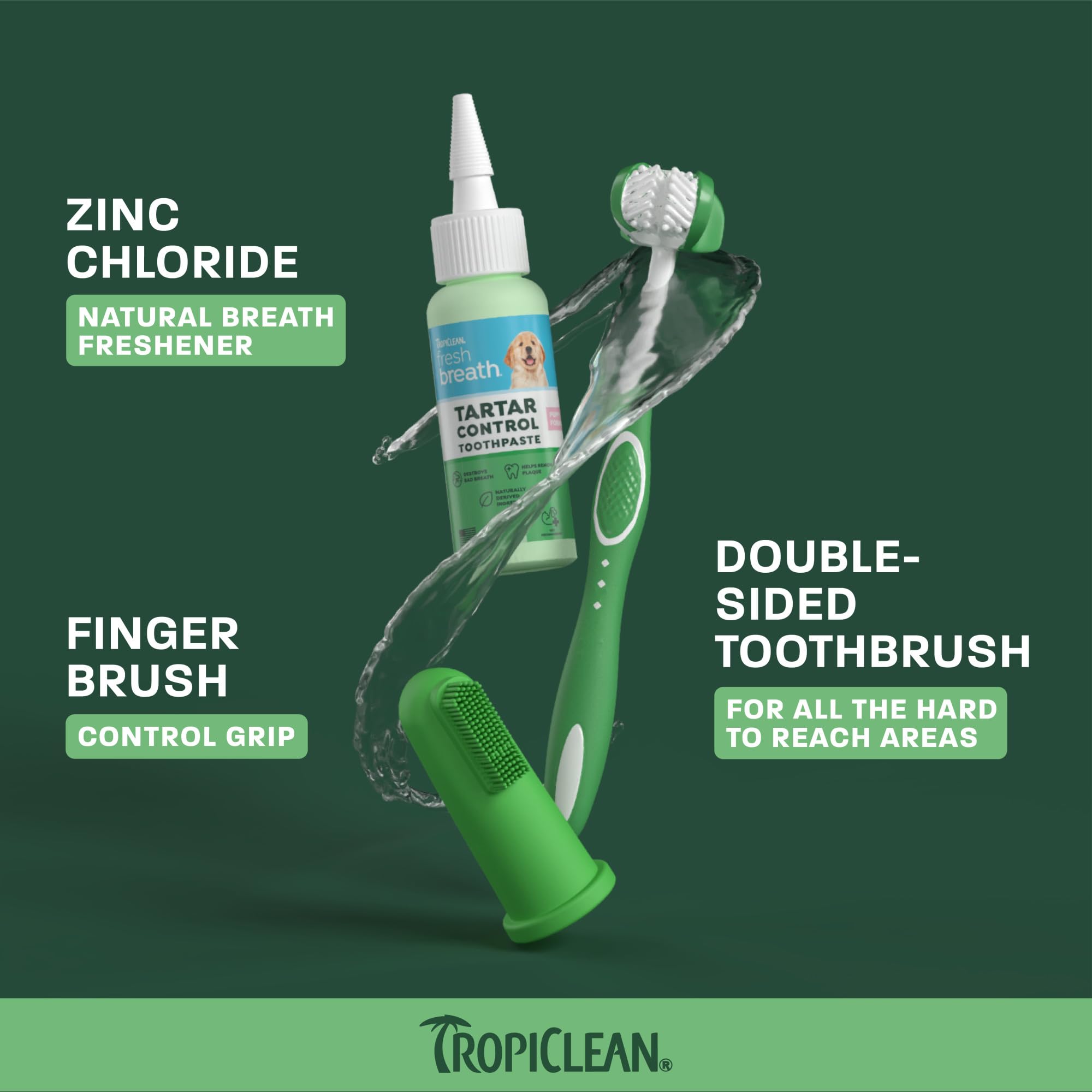 TropiClean kit tenu en main pour montrer taille et facilité d’utilisation