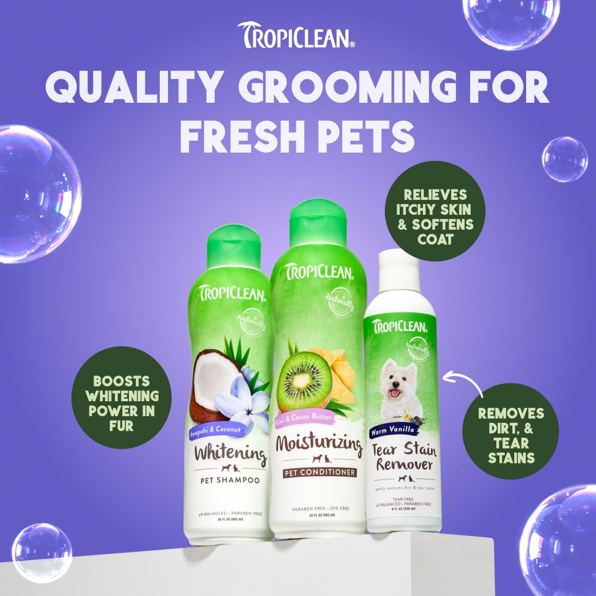 TropiClean en contexte salle de bain lifestyle montrant routine de toilettage