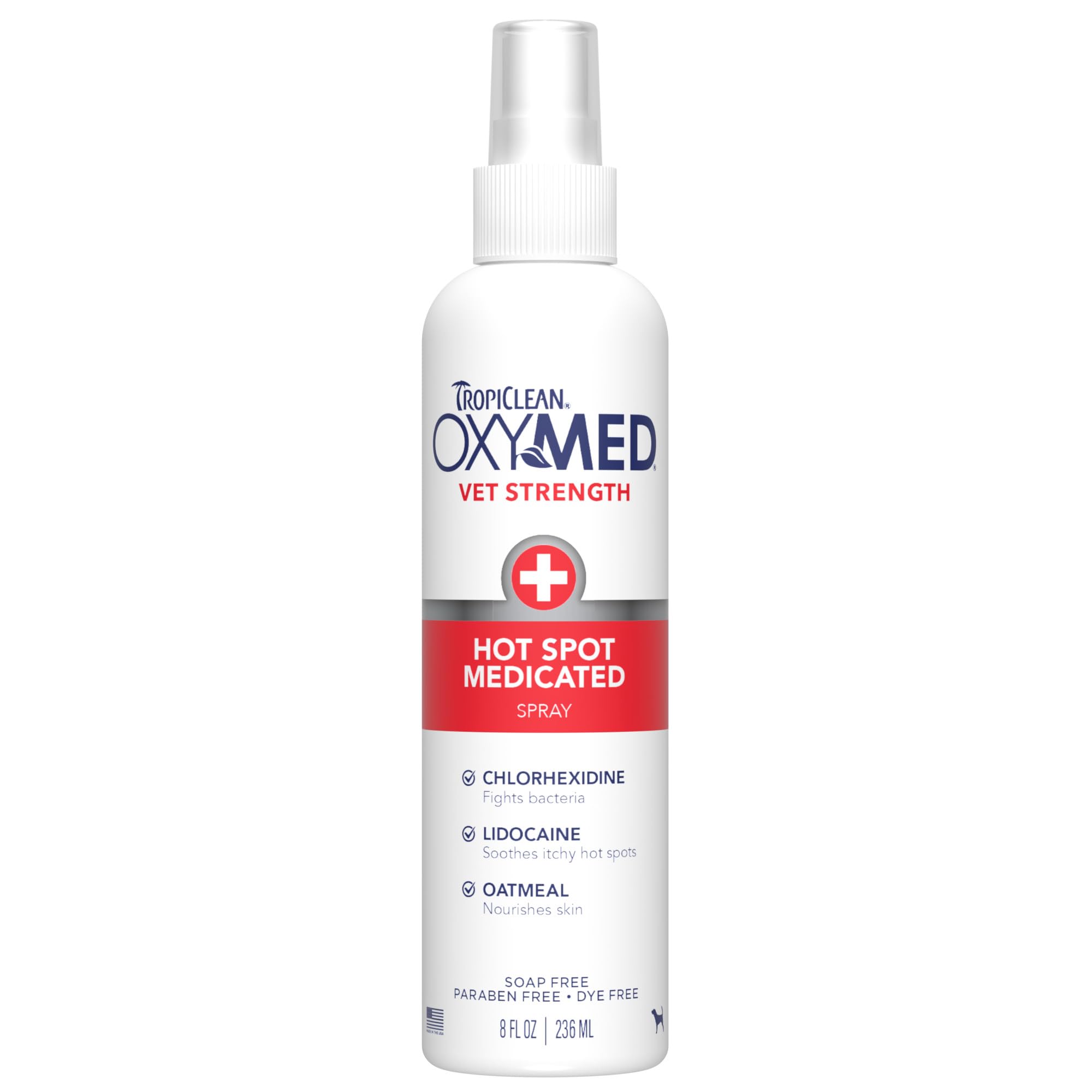 TropiClean OxyMed emballage frontal montrant le flacon et utilité apaisante