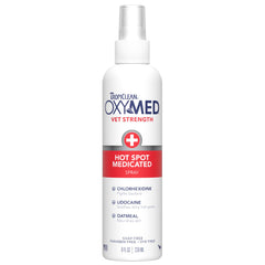 TropiClean OxyMed emballage frontal montrant le flacon et utilité apaisante