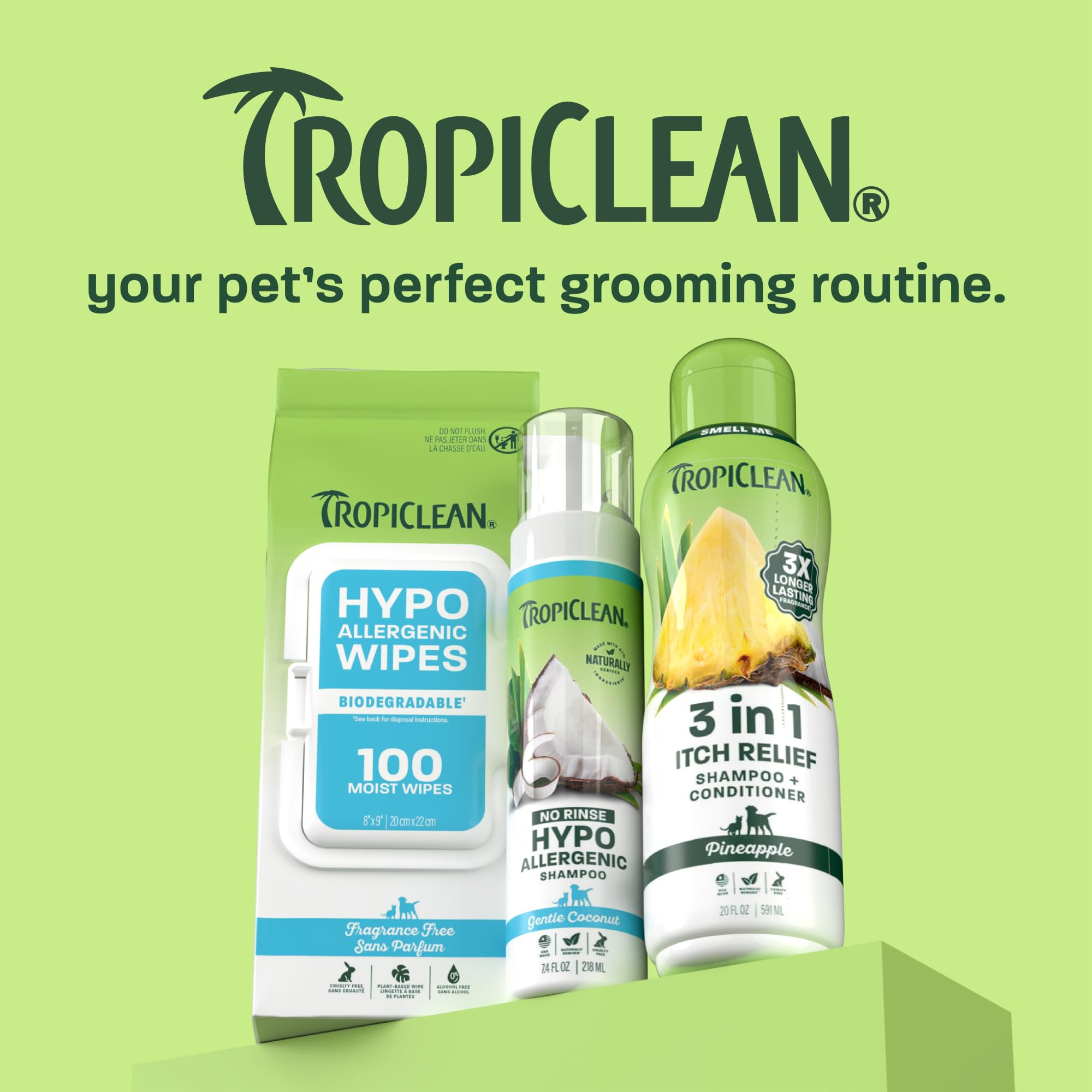 TropiClean packaging en transition montrant formule favorite toujours à l'intérieur