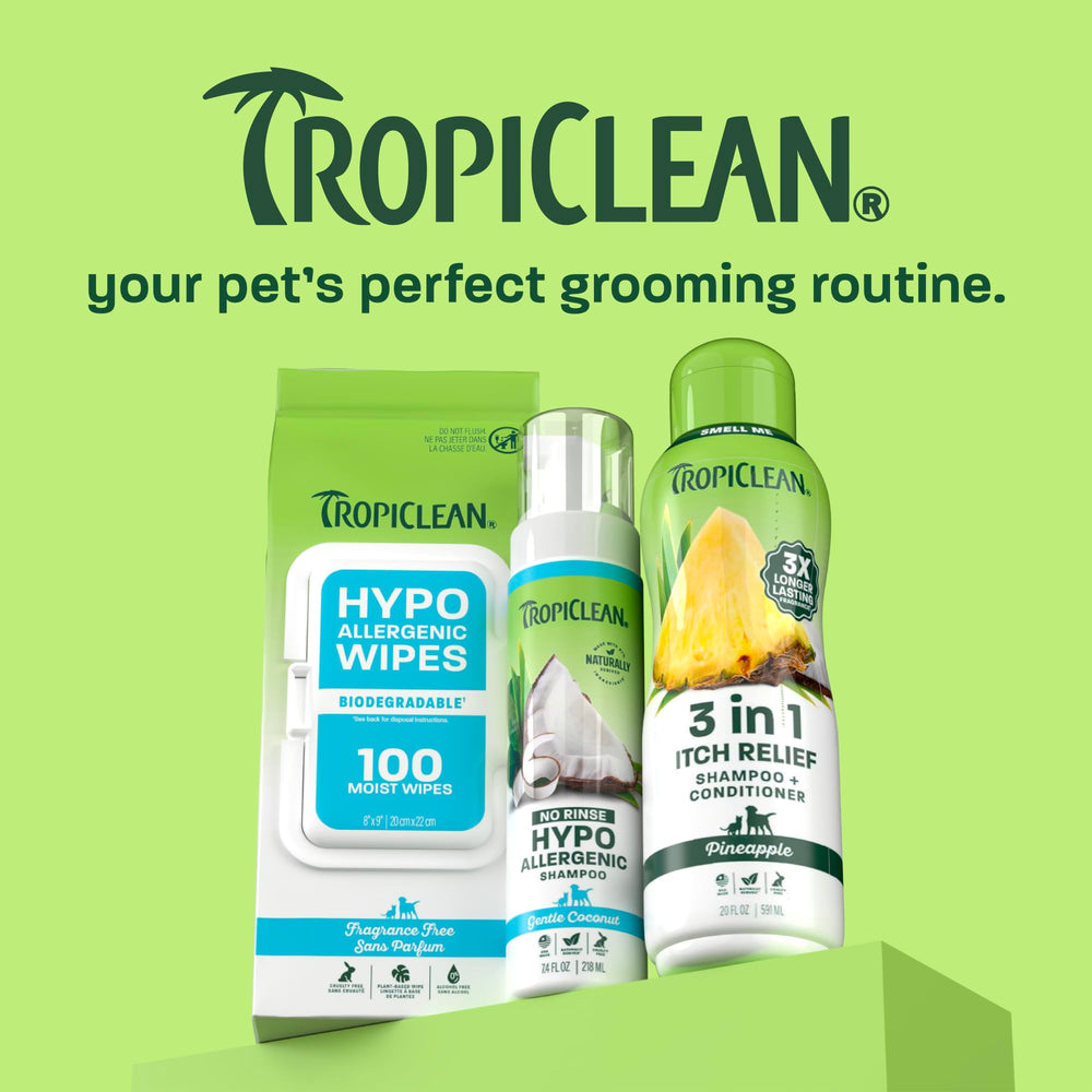 TropiClean packaging en transition montrant formule favorite toujours à l'intérieur
