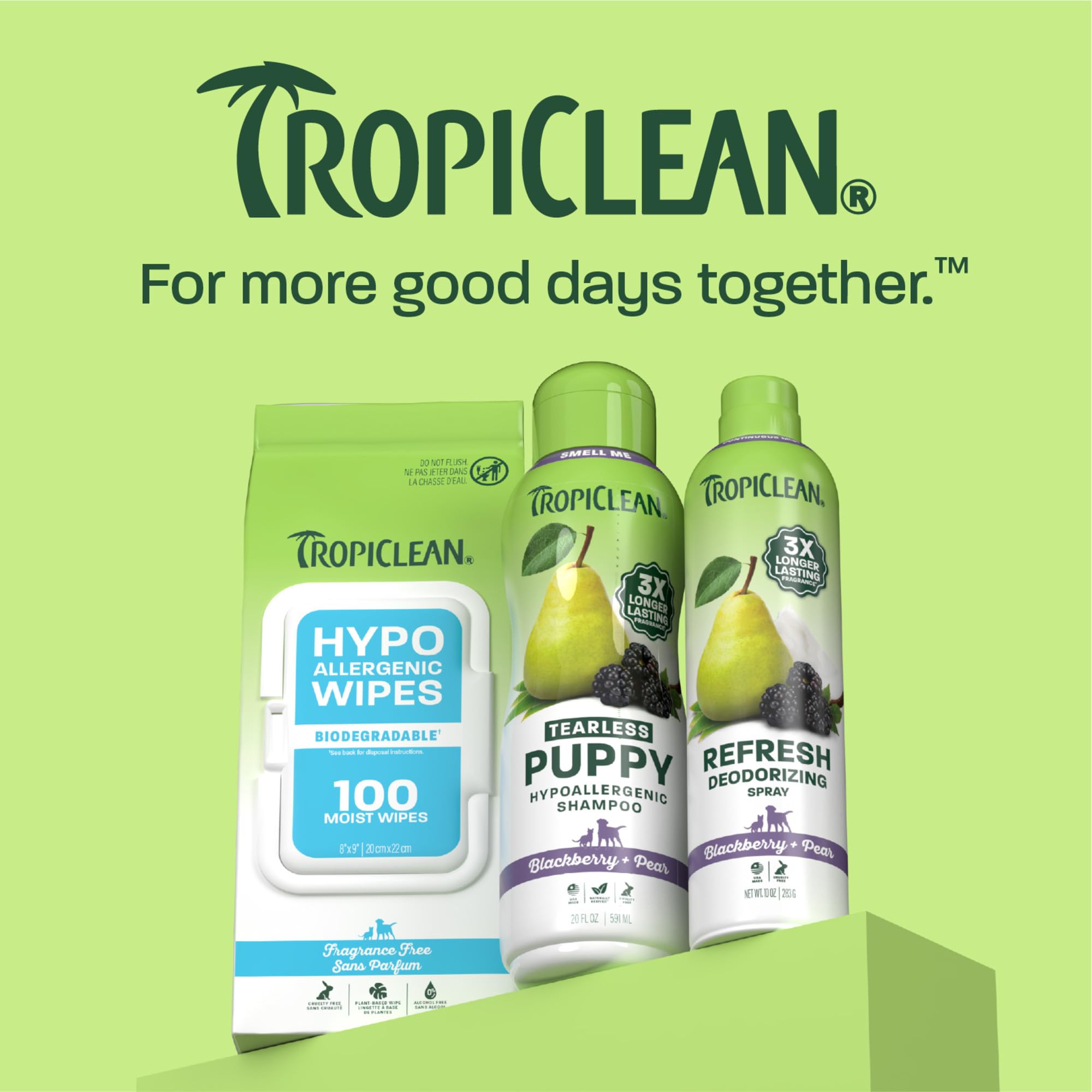 TropiClean scène lifestyle parfum Blackberry Pear pour fraîcheur durable