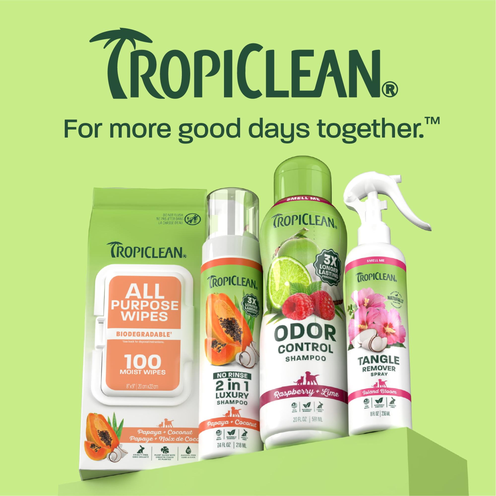 Pelage sec après TropiClean montrant brillance naturelle et parfum fruité