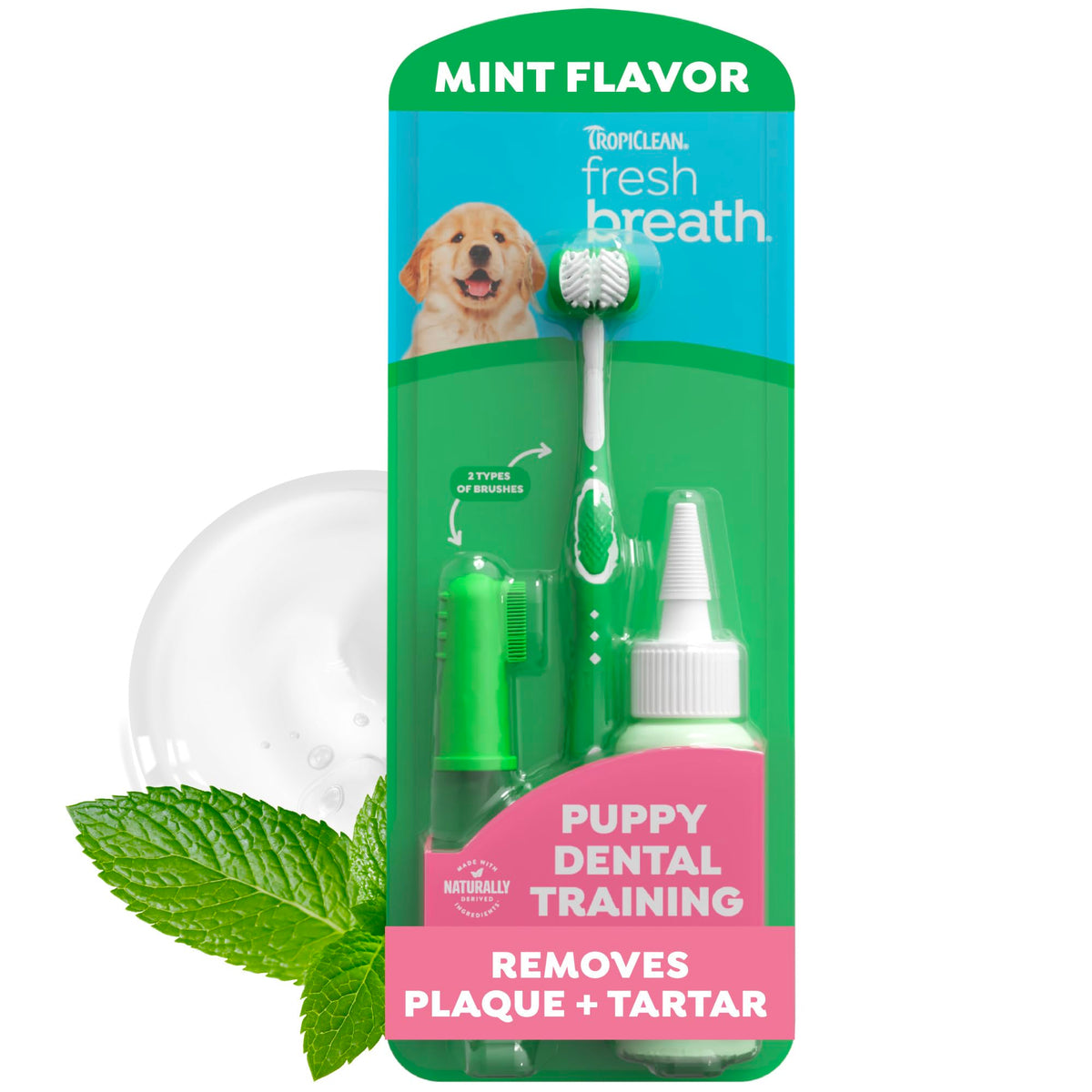 TropiClean packaging pour chiot montrant le kit et bénéfice apprentissage facile