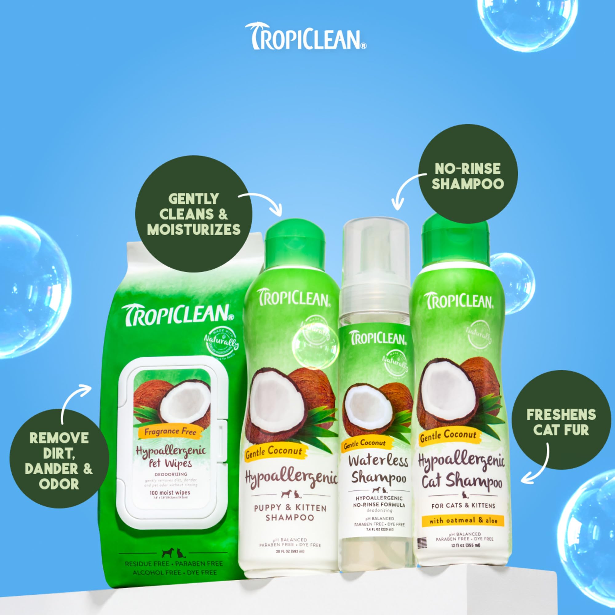 TropiClean pelage sec doux facilitant le brossage