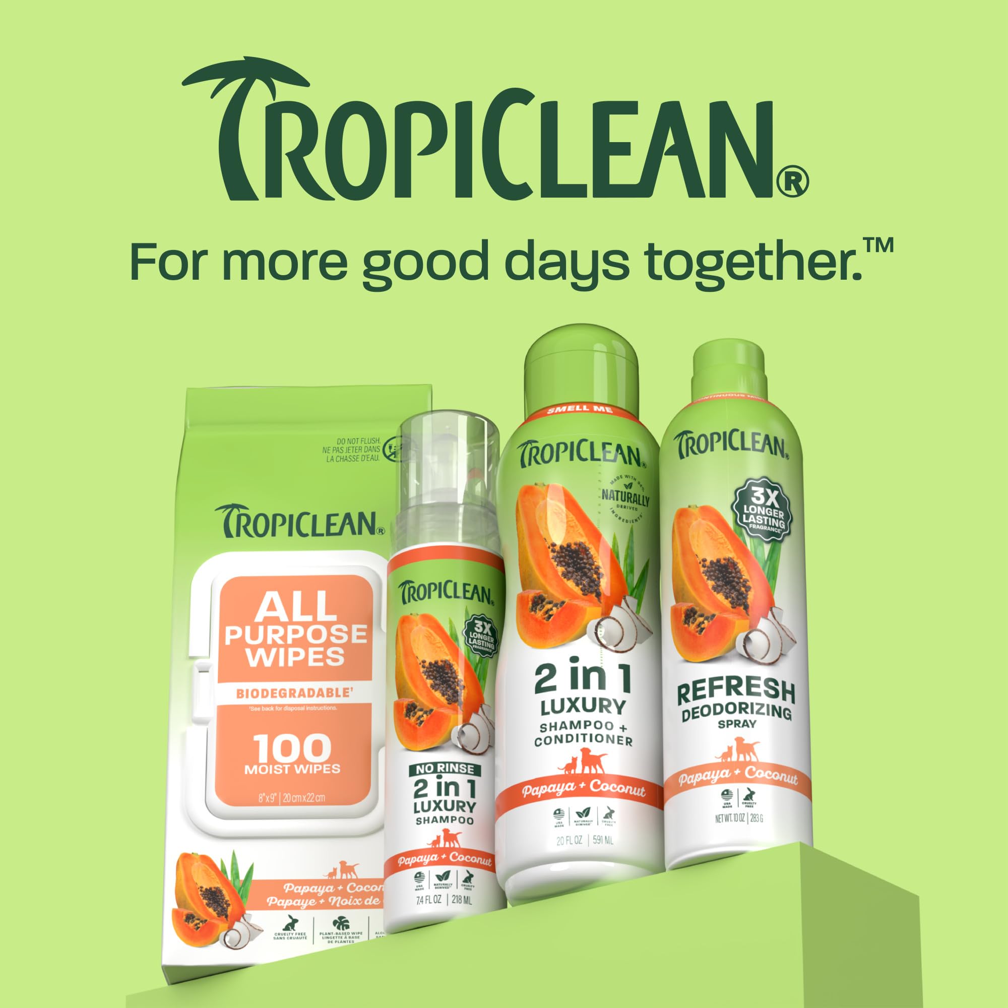 TropiClean quatre boîtes alignées prêtes à l'emploi pour usage fréquent