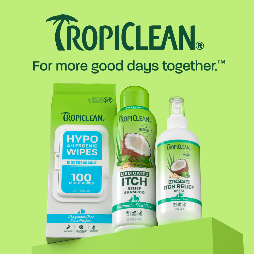 TropiClean chien détendu après application montrant réduction de grattage visible