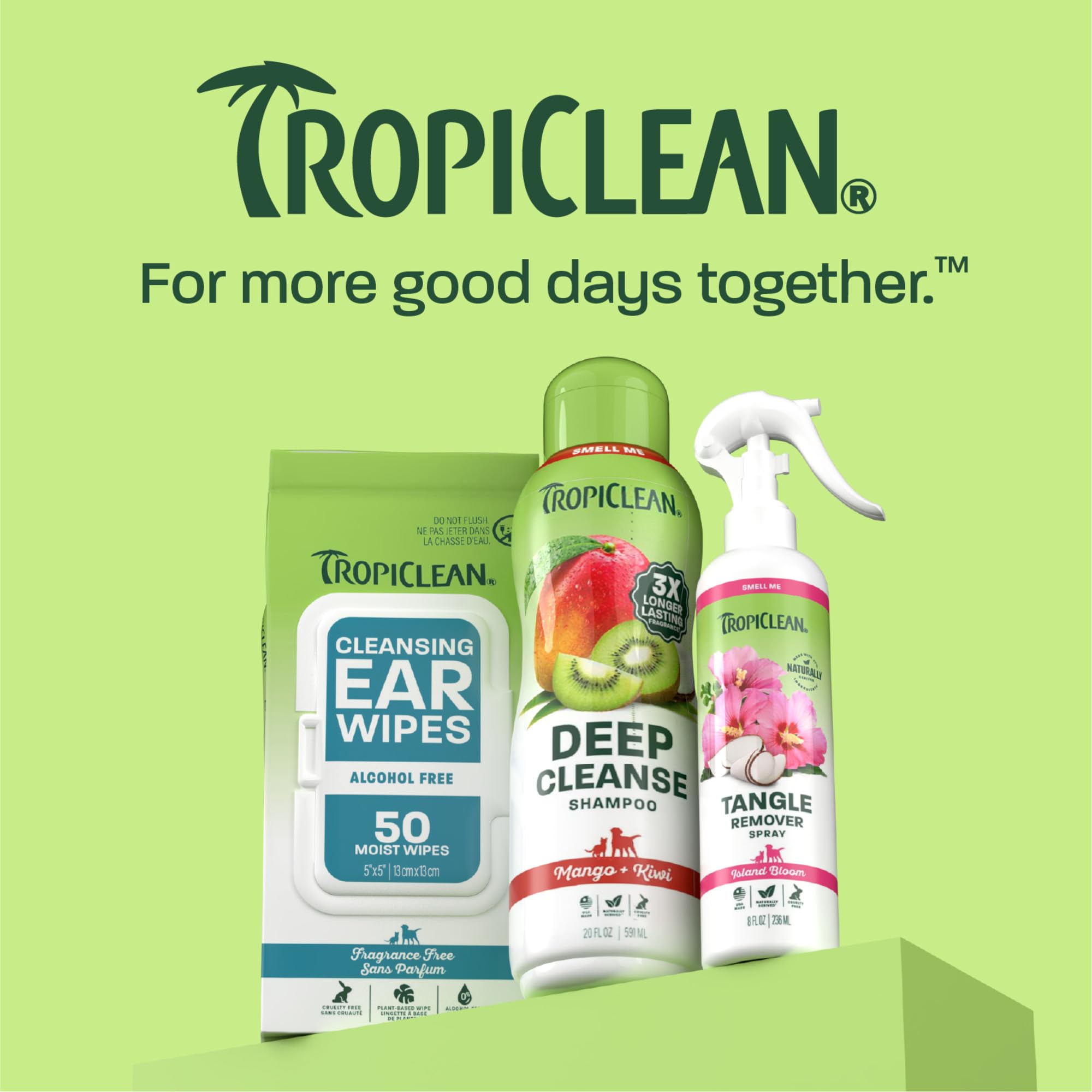 TropiClean flacon avec schéma dosage recommandé pour différentes tailles