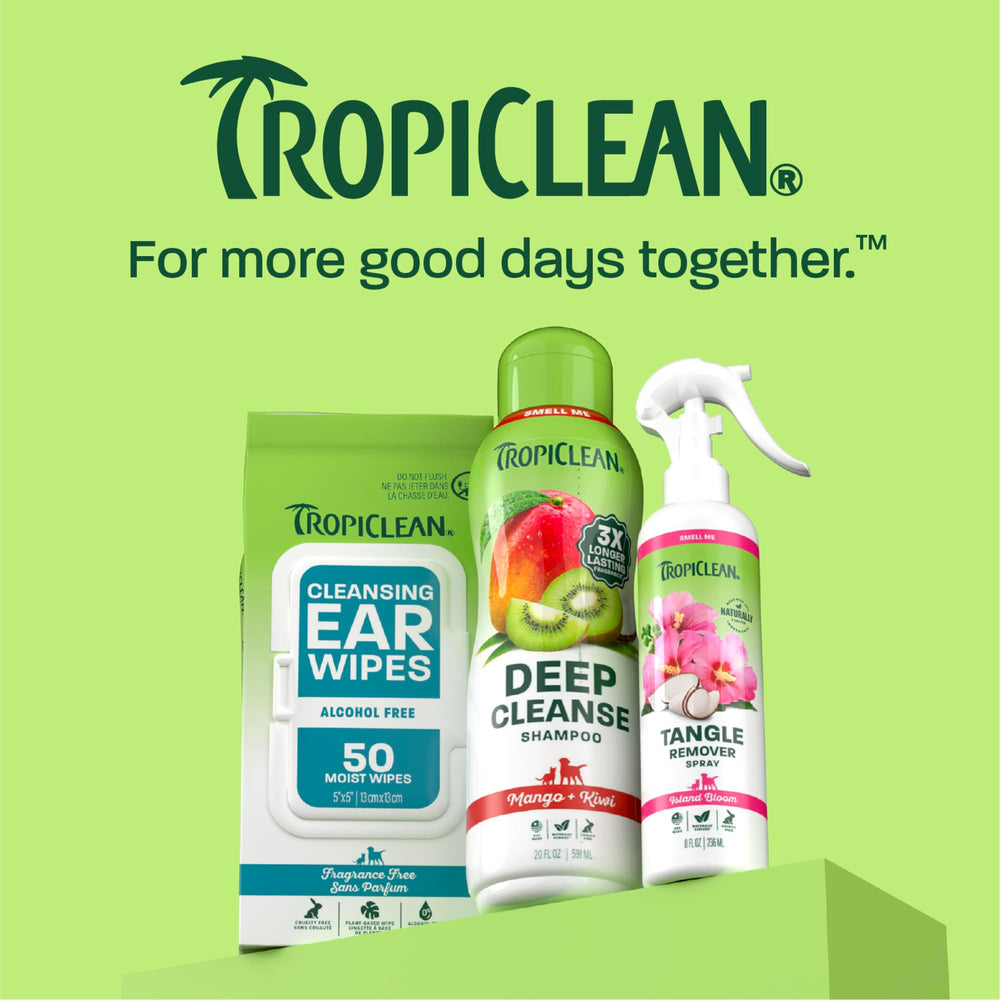 TropiClean flacon avec schéma dosage recommandé pour différentes tailles