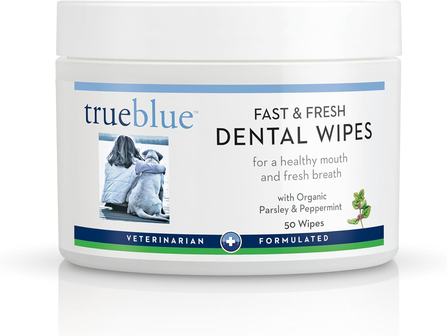 TrueBlue emballage avant montrant 50 lingettes et bénéfice praticité