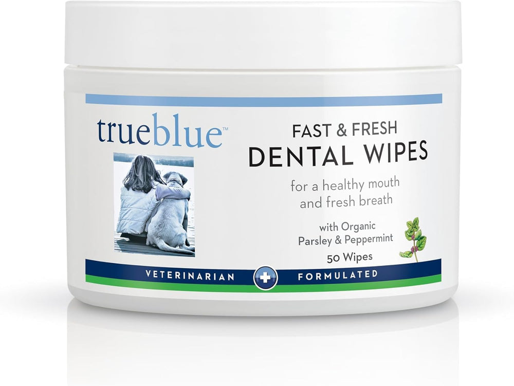 TrueBlue emballage avant montrant 50 lingettes et bénéfice praticité