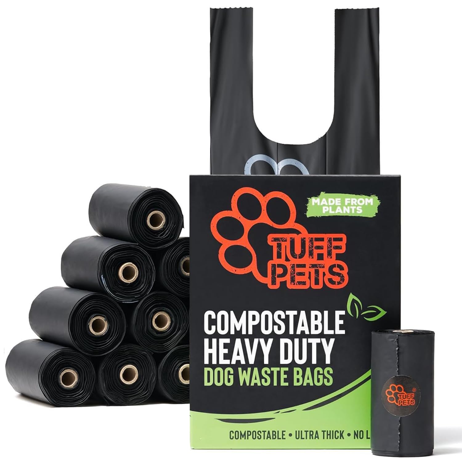 Tuff Pets emballage avant montrant les 12 rouleaux et la certification compostable