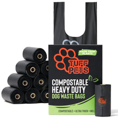 Tuff Pets emballage avant montrant les 12 rouleaux et la certification compostable
