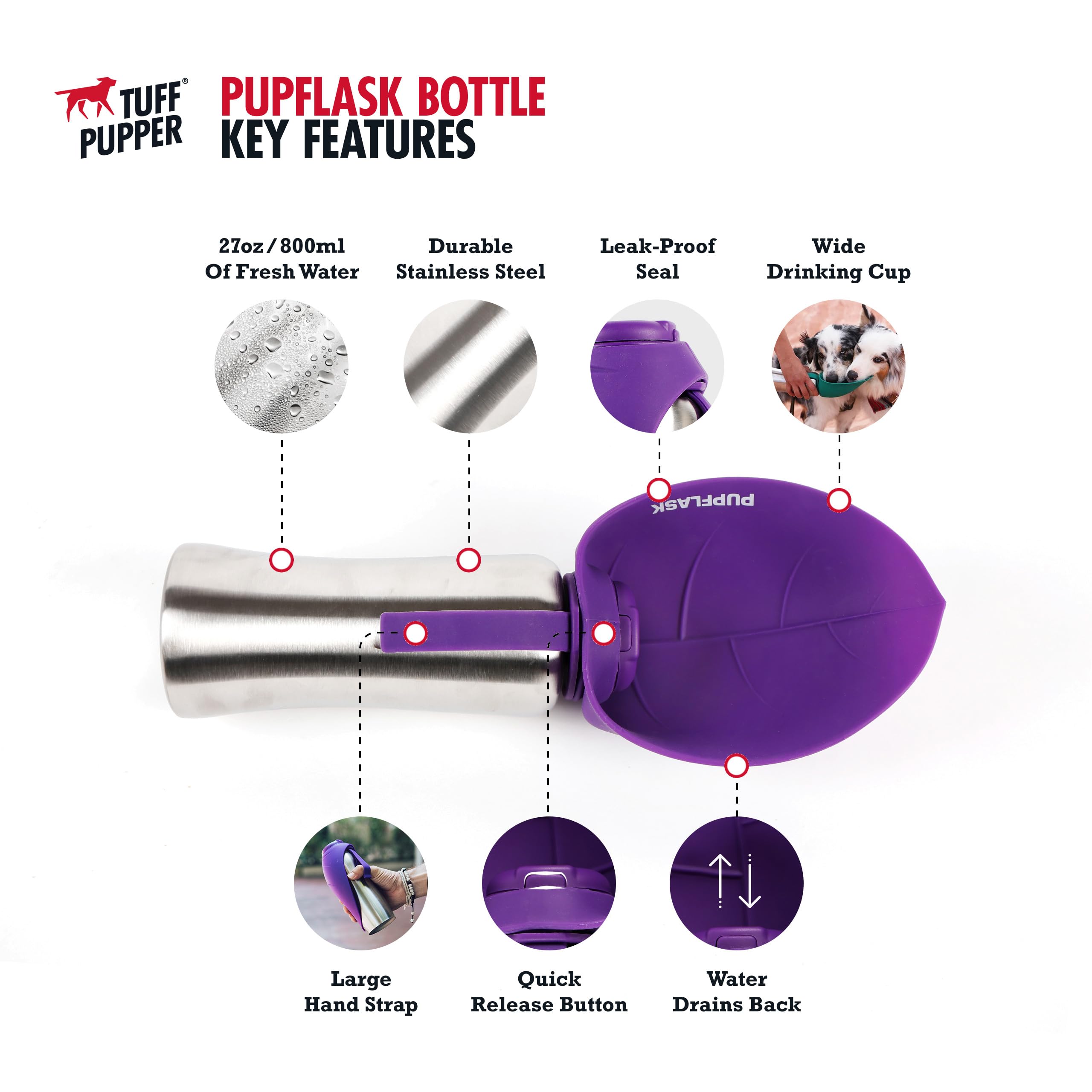Tuff Pupper PupFlask profil en acier inoxydable montrant la finition solide et résistante pour l'extérieur