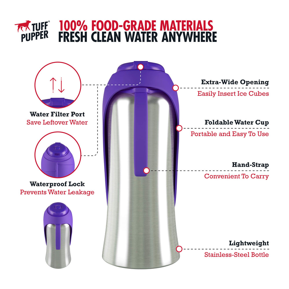 Tuff Pupper PupFlask comparé à une main pour montrer l'échelle et la portabilité pendant les sorties