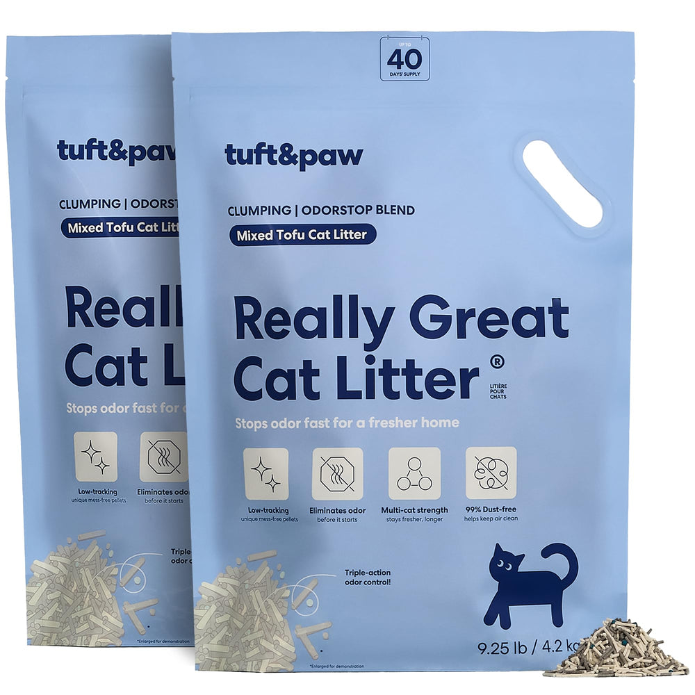 Tuft & Paw paquet avant montrant la marque et l'avantage praticité