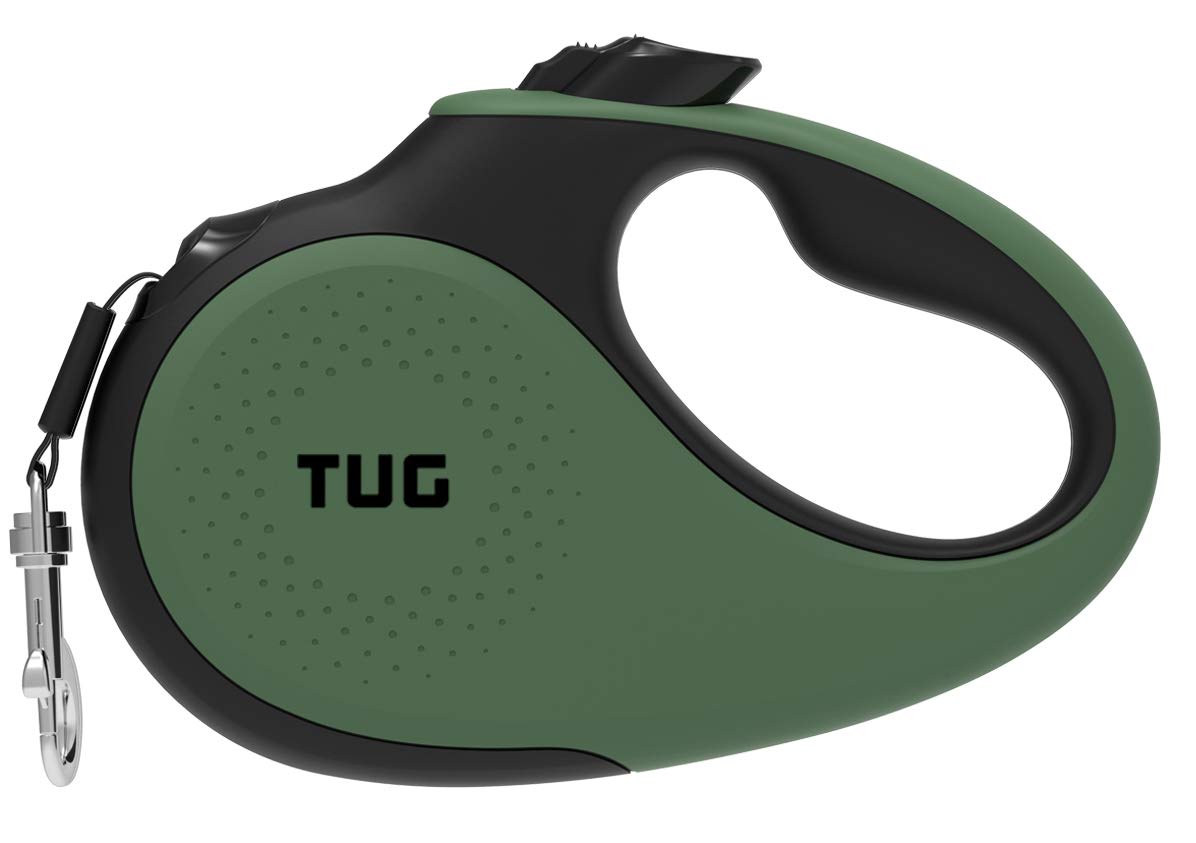 TUG laisse rétractable face avant montrant boîtier compact et couleur verte pour contrôle facile