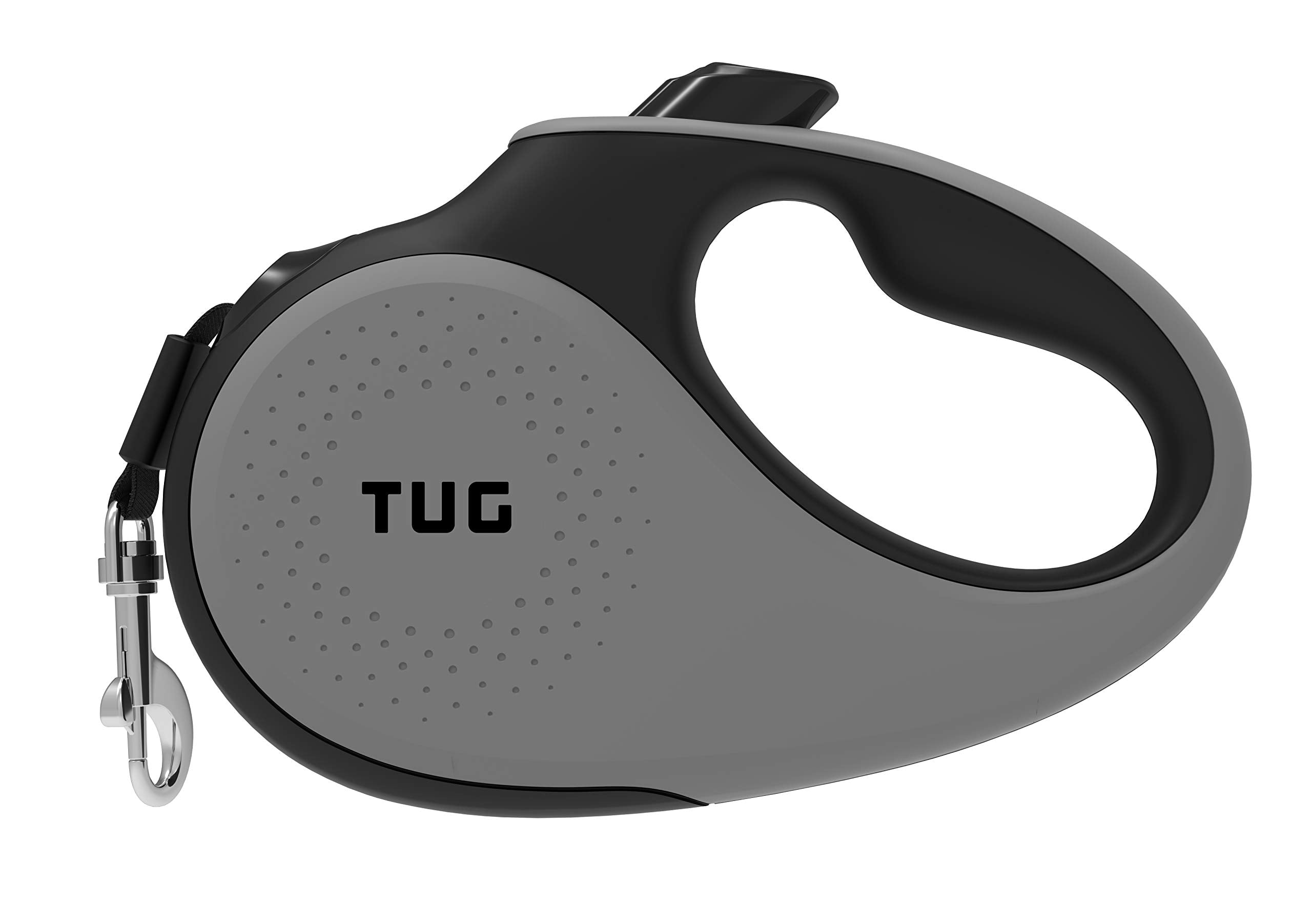 TUG laisse rétractable face avant montrant le boîtier gris et le bouton de verrouillage, confort assuré