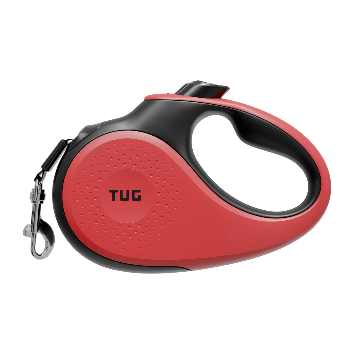 TUG laisse rétractable face avant montrant la coque rouge, solidité et design