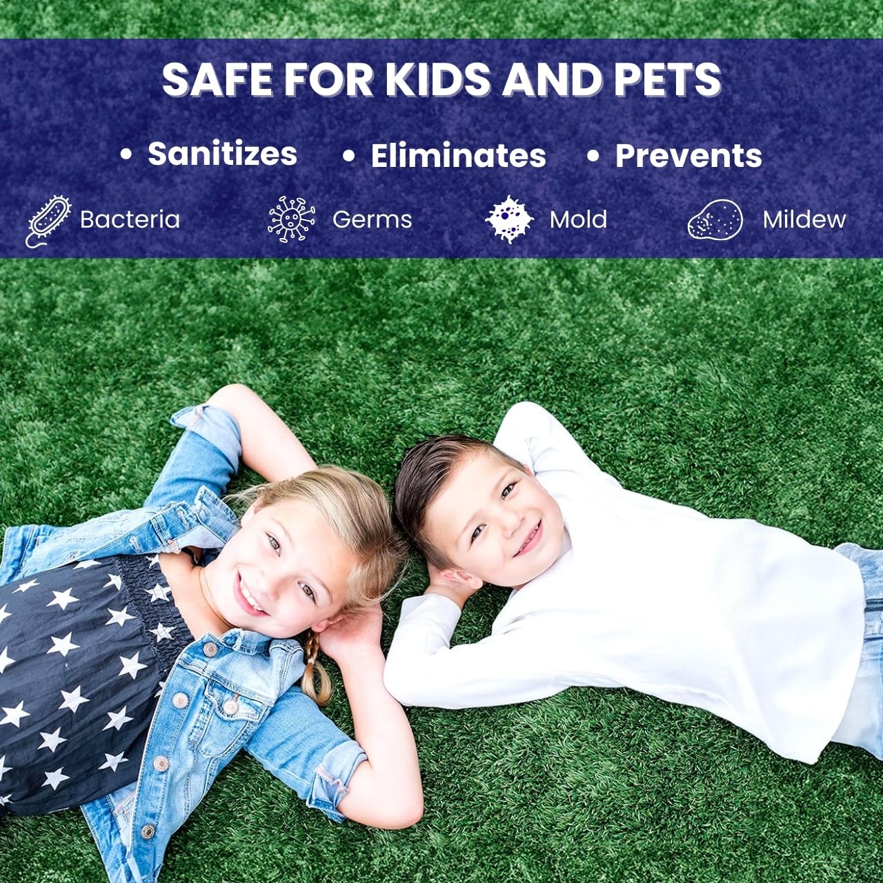 TurFresh enfants et chien jouant sur gazon traité, environnement sûr