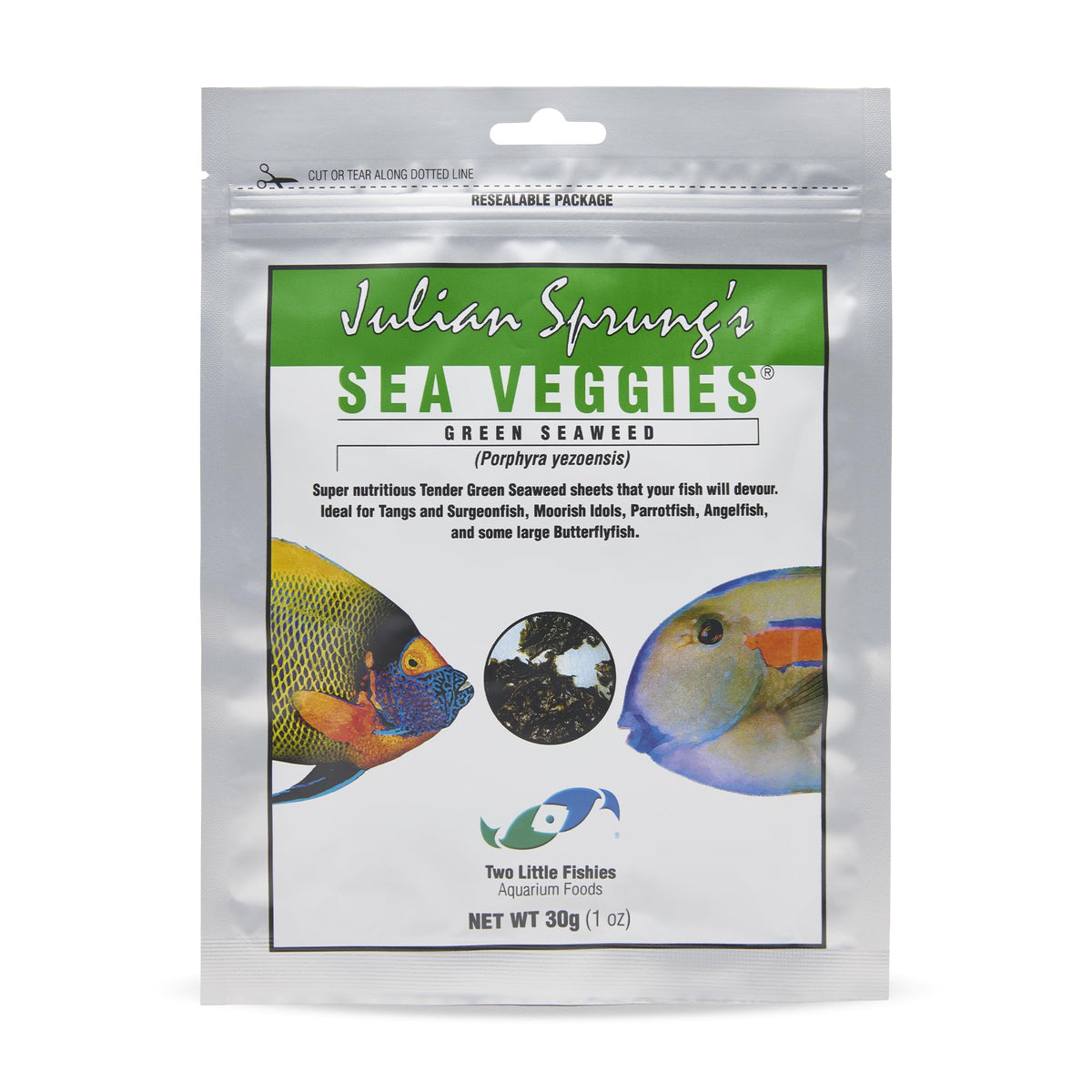 Two Little Fishies emballage avant SeaVeggies montrant poids et pureté