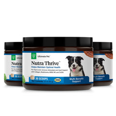 ULTIMATE PET NUTRITION pot Nutra Thrive face montrant l’étiquette bénéfice goût bacon