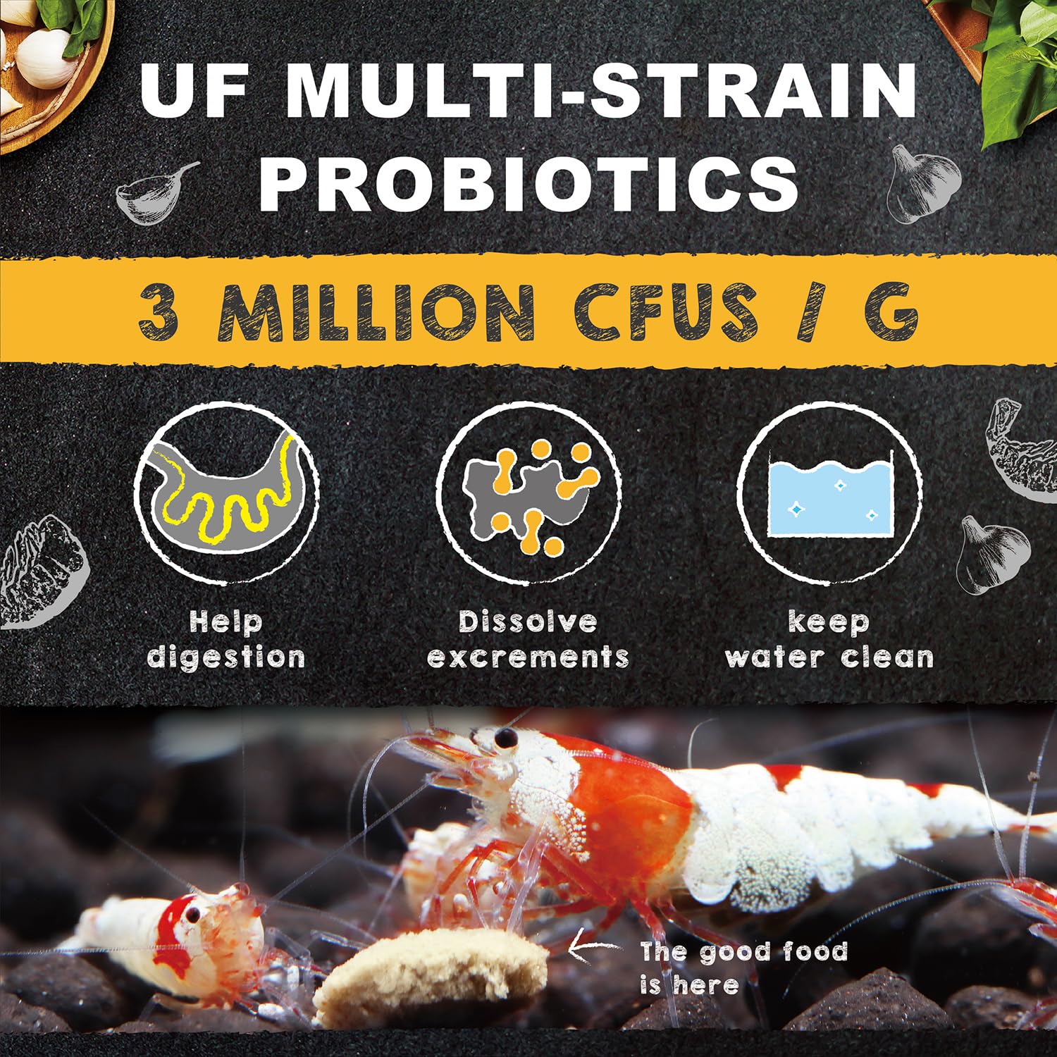 Ultra Fresh comparaison de taille des granulés montrant portion adaptée aux petites crevettes