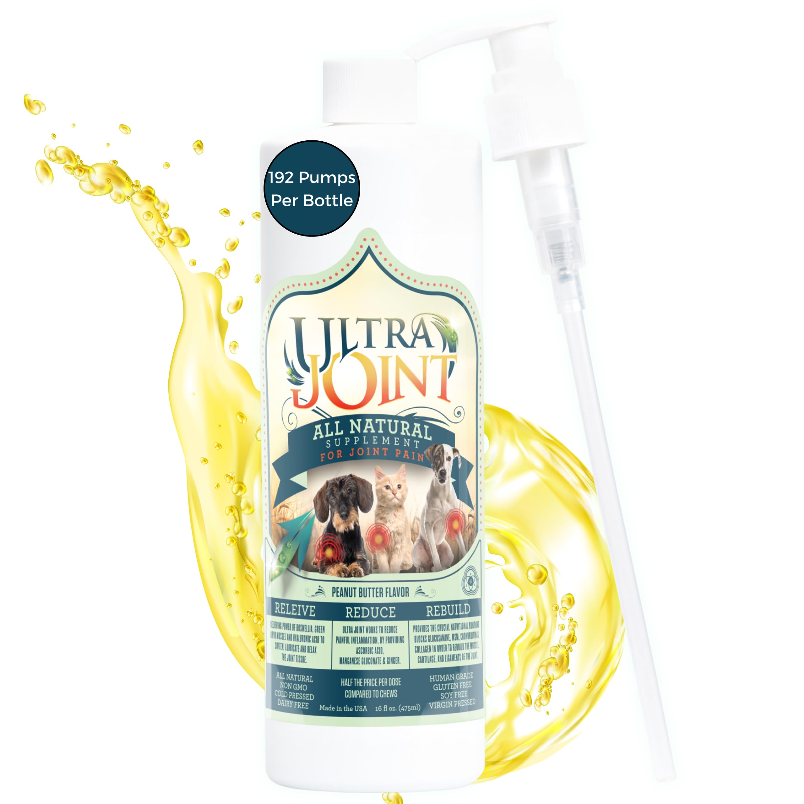 Ultra Oil Skin & Coat Supplement flacon Ultra Joint face, présentation claire et informative