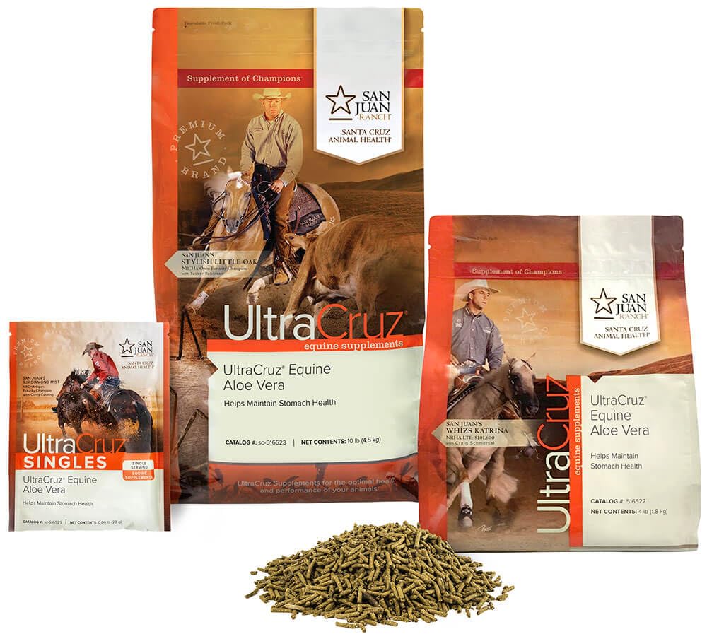 UltraCruz granulés en utilisation, cheval accepte la ration, simplifie administration