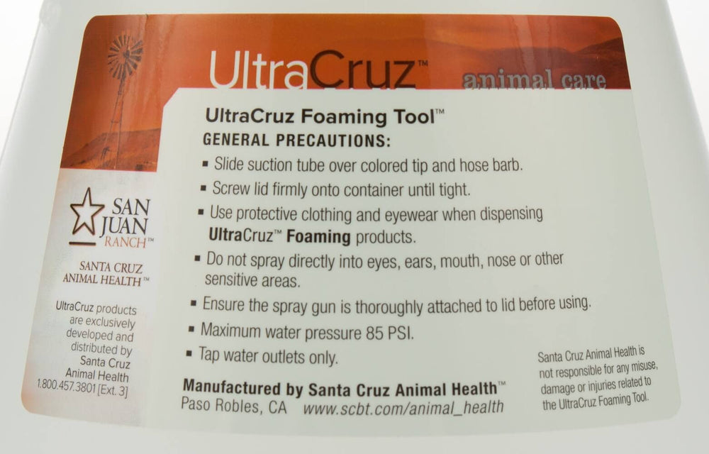 UltraCruz Foaming Tool étiquette lisible indiquant compatibilité shampoings UltraCruz