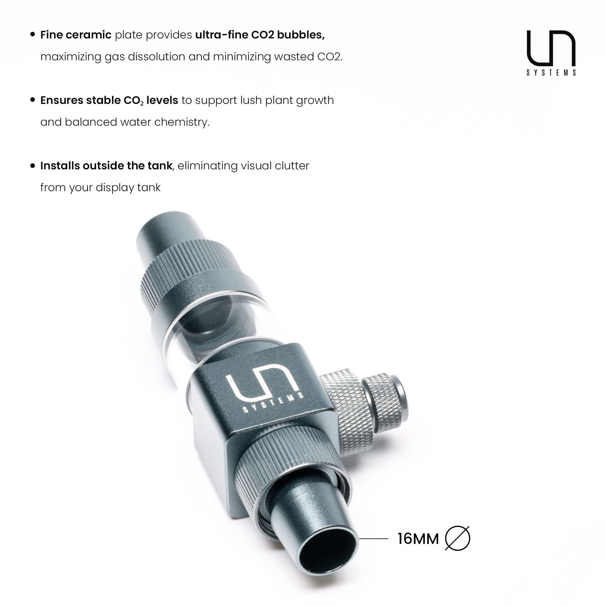 Ultum Nature Systems diffuseur monté sur tuyau 16mm illustrant installation facile et gain de place