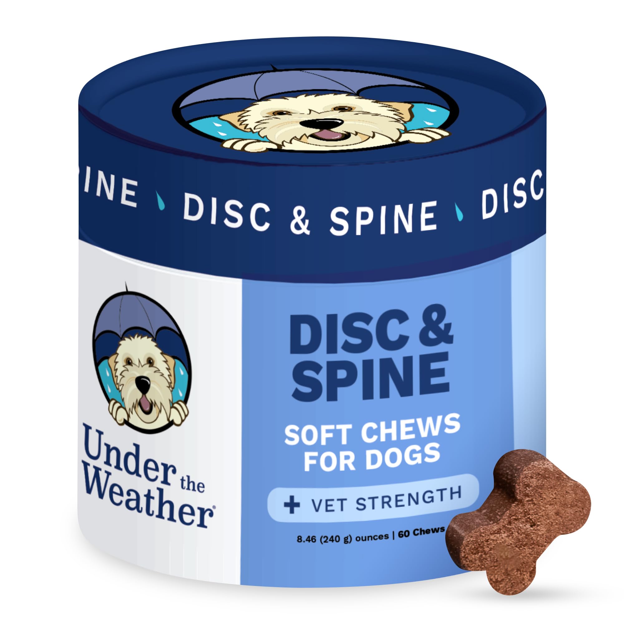 Under The Weather packaging devant montrant pot recyclable et 60 chews pour soutien spinal