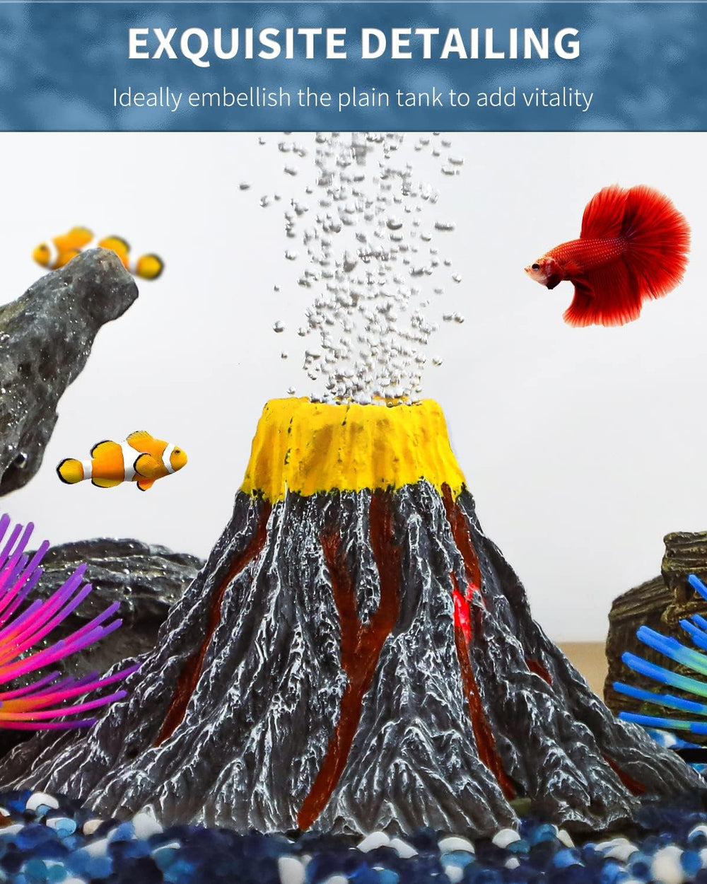 Uniclife volcan installé dans aquarium ajoutant décor vivant