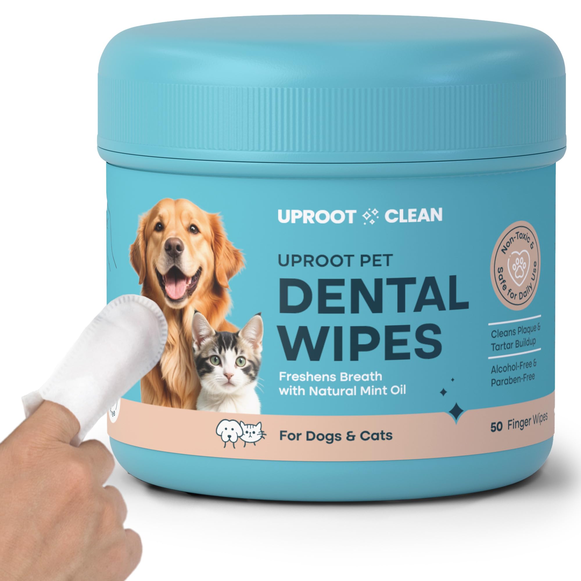 Uproot Clean emballage avant montrant 50 lingettes, pratique