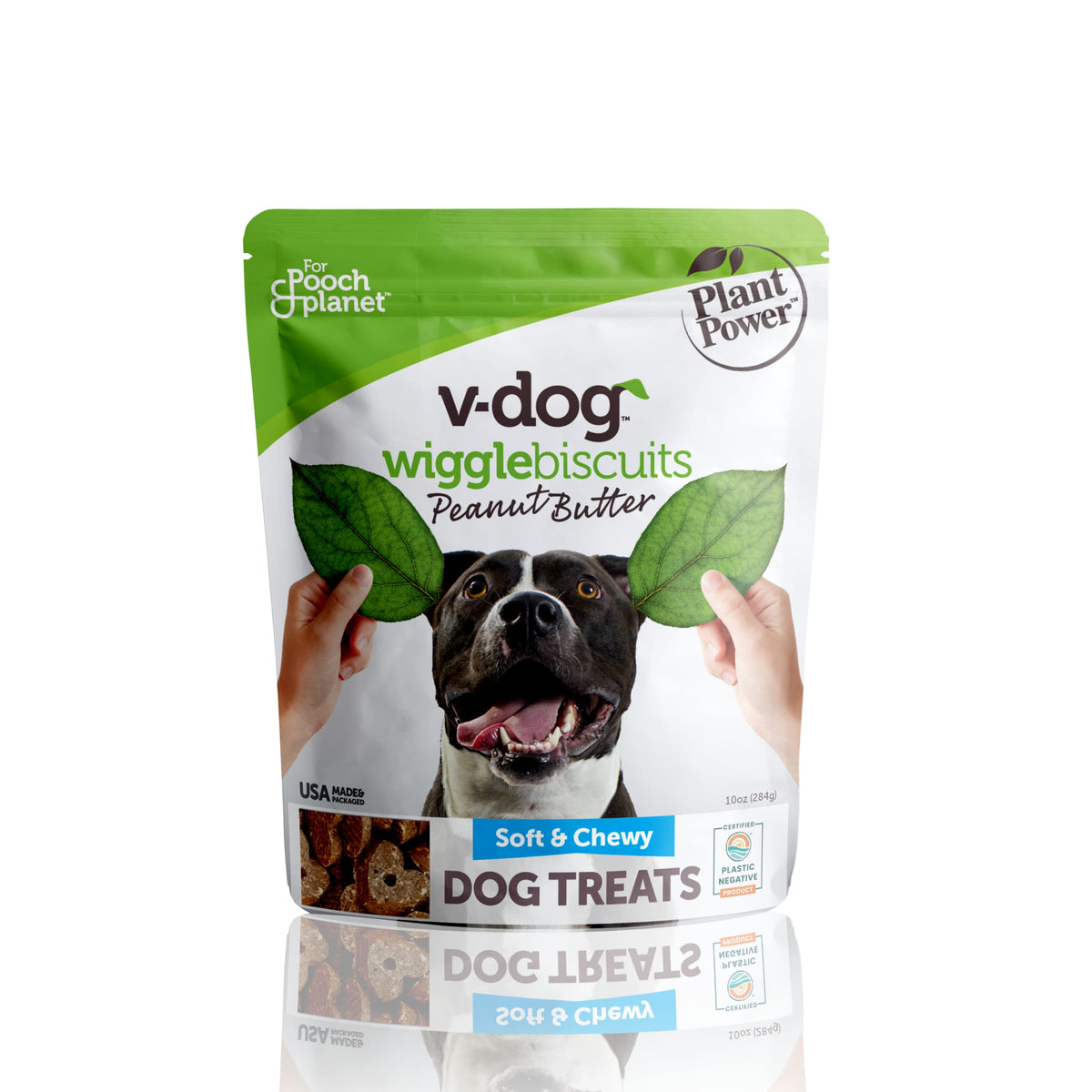 V-dog emballage avant Wiggle Biscuit montrant label bio et bénéfice naturel