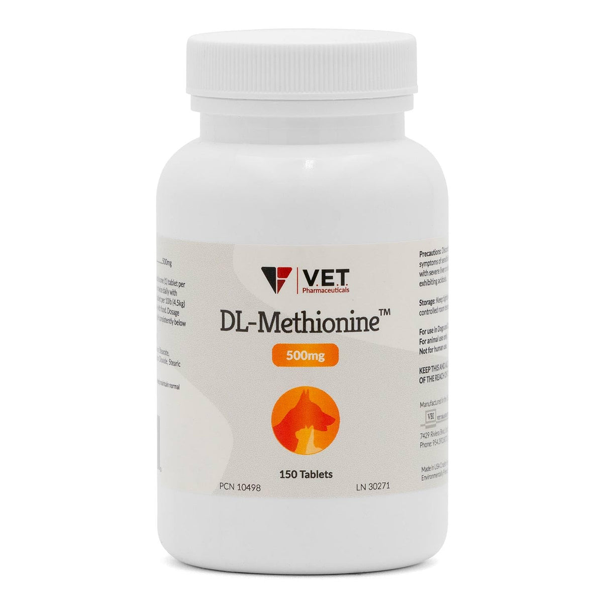 V.E.T. PHARMACEUTICALS emballage DL Methionine montrant informations produit et quantité